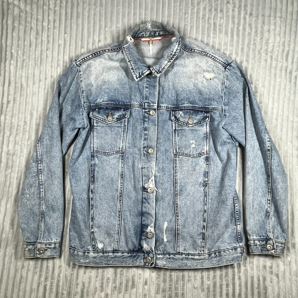 Free People Ramona Denim Trucker Jacket Women's M Distressed Oversized *Flaws